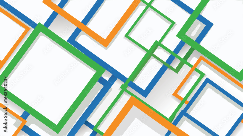 Poster overlapping squares in green blue and orange colors on a white background creating a modern design l