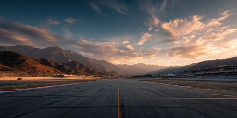 Empty runway at sunset, mountains in the background