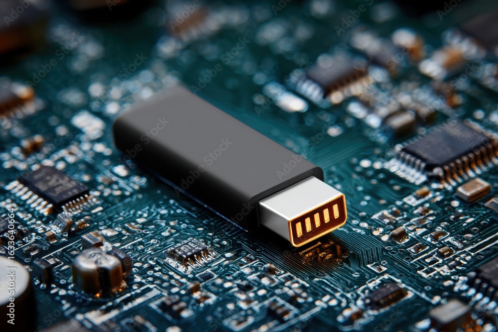 Poster usb flash drive positioned on a detailed circuit board showcasing electronic components and connecti