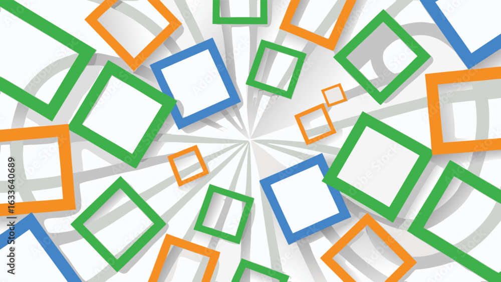 Poster scattered colorful squares with white centers on a radial white and gray background pattern design