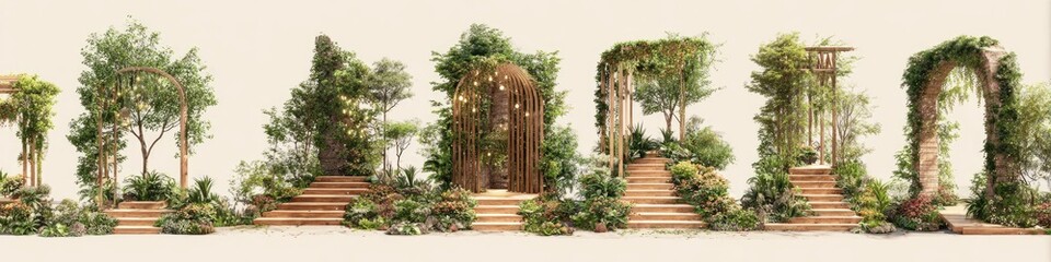 Obraz premium Garden arches & trees, tiered walkways