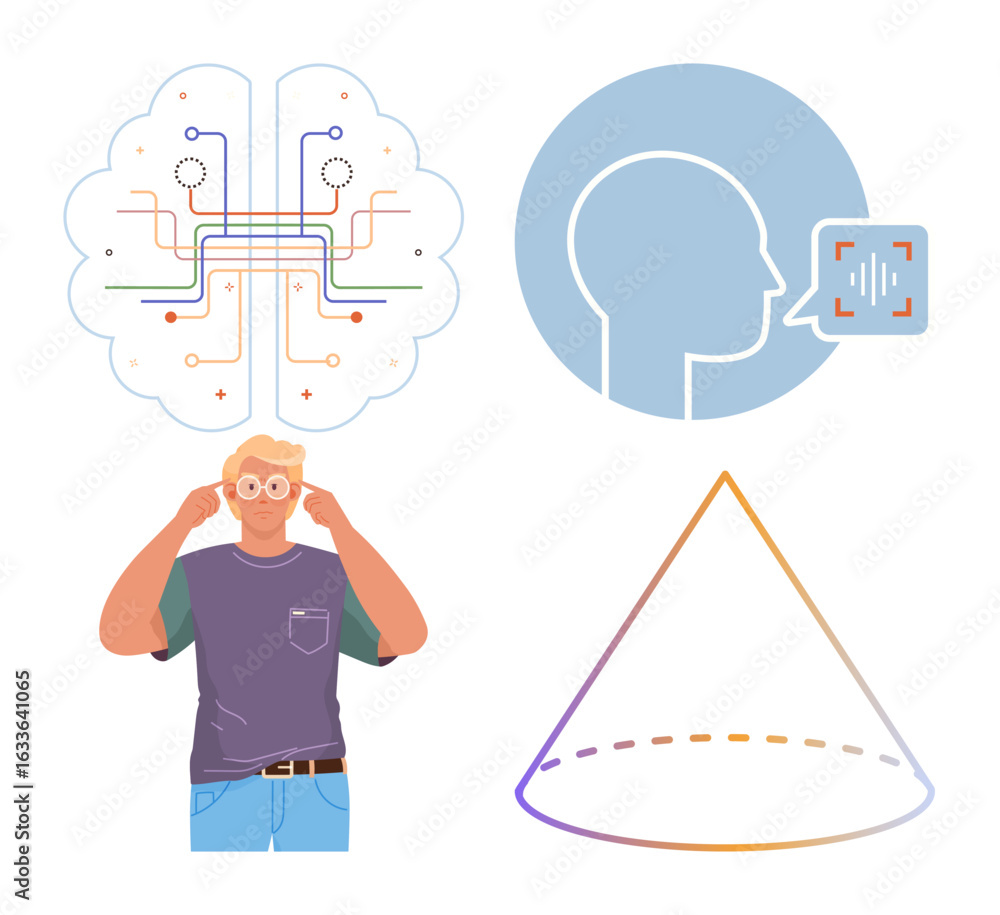 Poster brain with circuits, profile discussing ai, cone representing perspective and ideas, man pondering. 