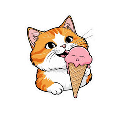 Cute Persian-Scottish Fold Cat Licking Strawberry Ice Cream