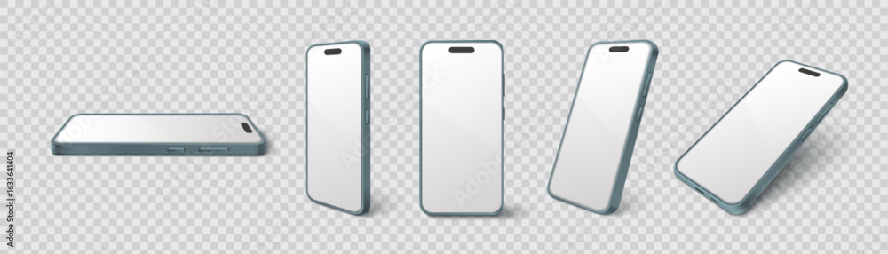 Poster modern phone mockup set with different angle views and teal blue frames on transparent background. m