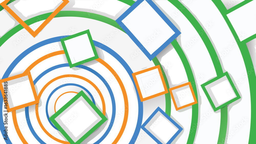Aufkleber abstract design with concentric circles and colorful square outlines scattered around the frame