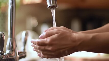 Global Handwashing Day A person carefully washing their hands under running water from a kitchen sink faucet for daily personal hygiene and sanitation.