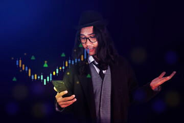 Businessman analyzing candlestick chart on mobile with AI interface. Ideal for fintech, crypto...