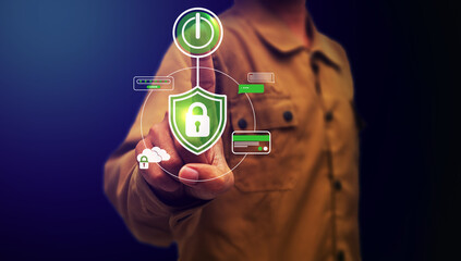 Touching virtual screen with cybersecurity icons. Concept for digital protection, secure connection, or network privacy.