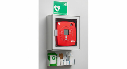Automated external defibrillator (AED) hanging on the wall indoors, first aid concept, heart attack