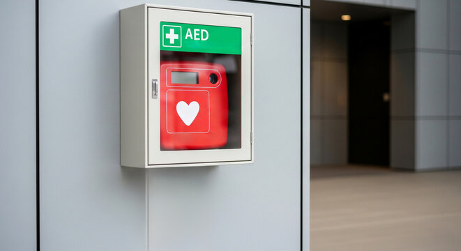 Automated external defibrillator (AED) hanging on the wall indoors, first aid concept, heart attack