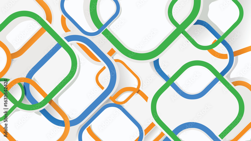 Poster abstract background with overlapping rounded squares in green blue and orange colors on a white back