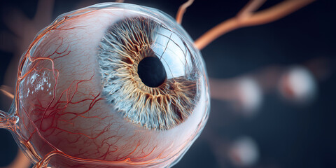 Detailed 3D illustration of human eye with visible retina, showcasing intricate blood vessels and vibrant iris, set against dark background