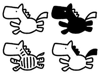 手描きのかわいい線画の4頭の走る馬のセット　2026 正月素材・白馬・黒馬・シマウマ