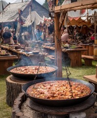 Medieval food fest, large open-air cooking pots with steaming contents