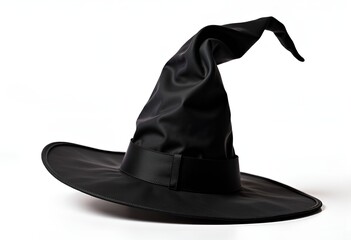 Halloween black witch hat isolated on white background for Autumn seasonal festive holiday, fantasy evil, costume dress