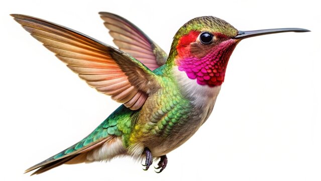 A colorful ruby-throated hummingbird in flight with outstretched wings is isolated on a clean white background
