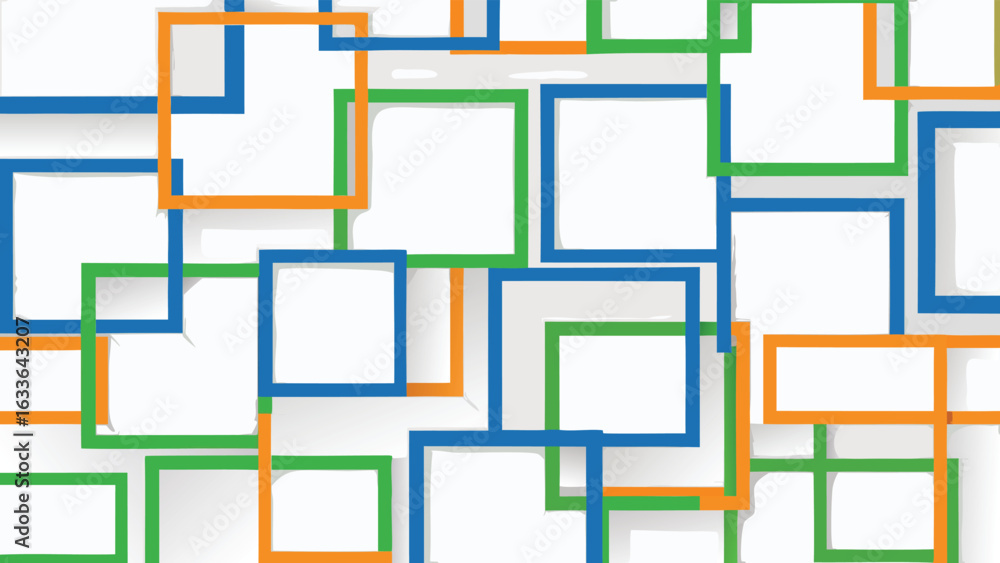 Aufkleber overlapping squares of blue green and orange colors with white space inside and shadows creating dep