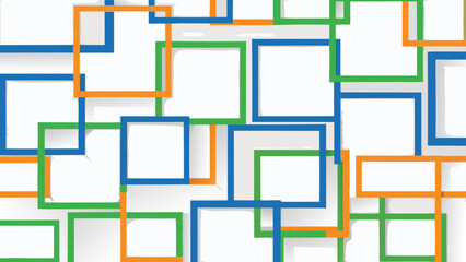 Overlapping squares of blue green and orange colors with white space inside and shadows creating depth