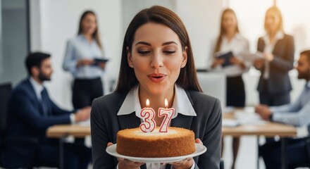Businesswoman celebrates her 37th birthday with colleagues, blowing out candles on a cake in an office setting.