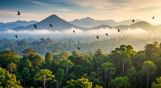 Misty Malaysian Rainforest at Sunrise &ndash; Aerial Jungle View