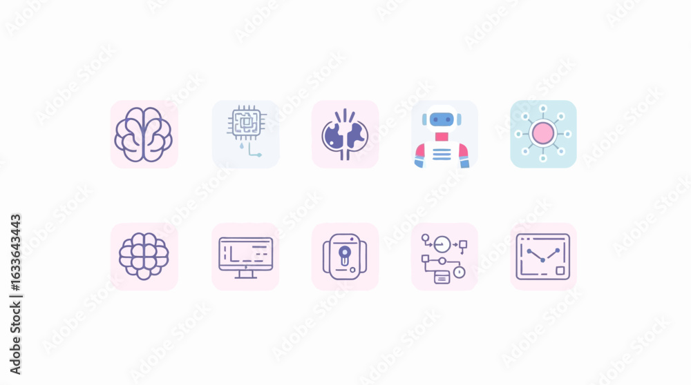 Poster collection of simple line art icons representing futuristic technology and concepts.