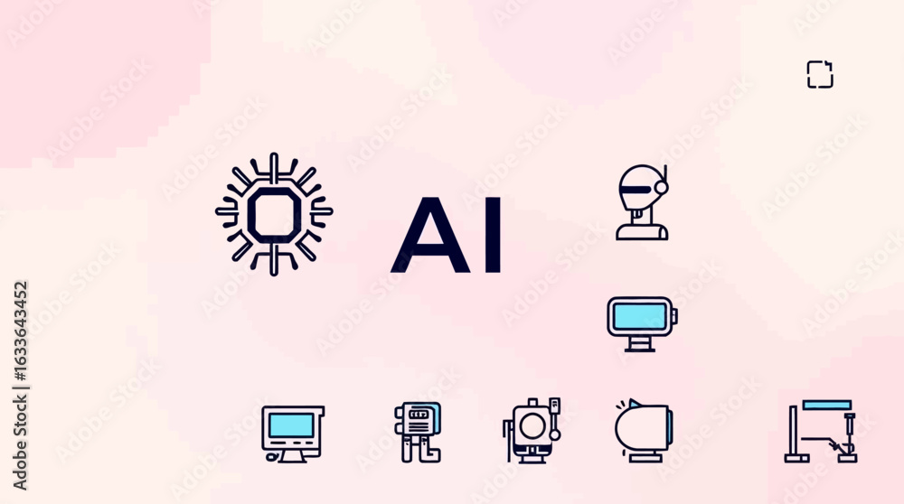 Poster collection of simple line art icons representing futuristic technology and concepts.