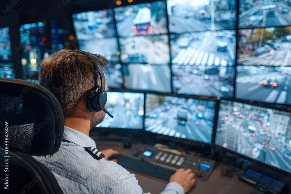 Poster traffic control operator monitors city traffic flow from a control center in real-time during peak h
