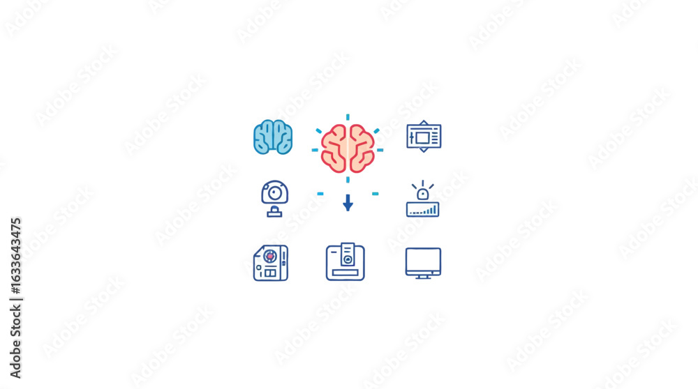 Poster collection of simple line art icons representing futuristic technology and concepts.