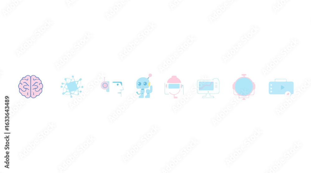 Poster collection of simple line art icons representing futuristic technology and concepts.