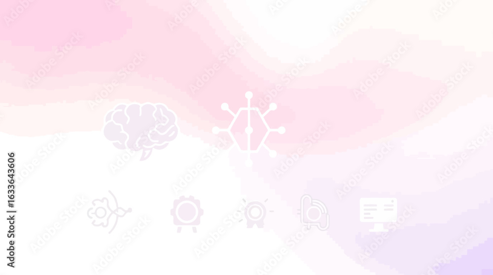 Poster abstract design with soft color gradients and various minimalist icons, including a brain and pen, s