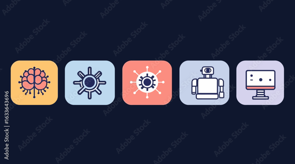 Poster collection of simple line art icons representing futuristic technology and concepts.