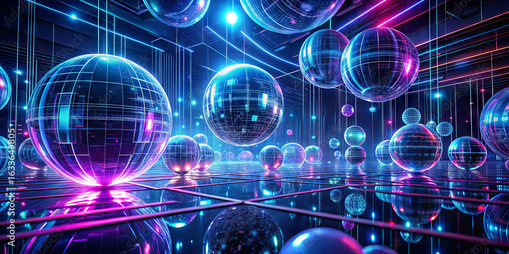 Aufkleber floating spheres in a variety of sizes reflect colorful lights in a digital space, creating a captiv