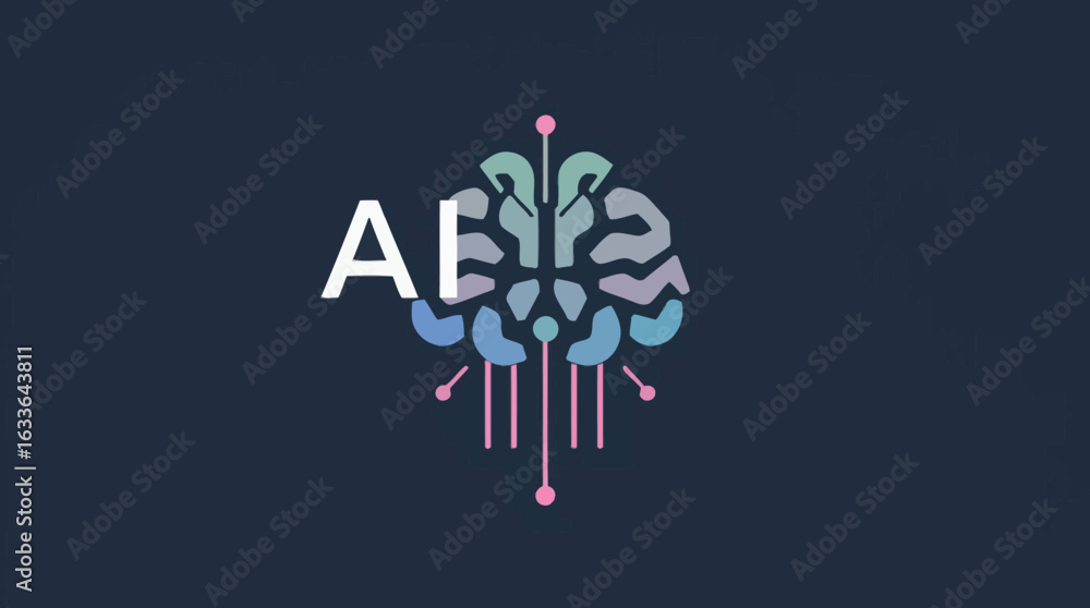 Poster illustration of a brain surrounded by technology icons, representing artificial intelligence and dat