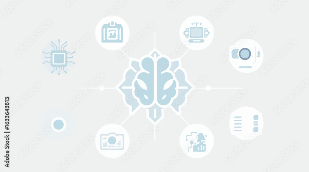 Poster illustration of a brain surrounded by technology icons, representing artificial intelligence and dat