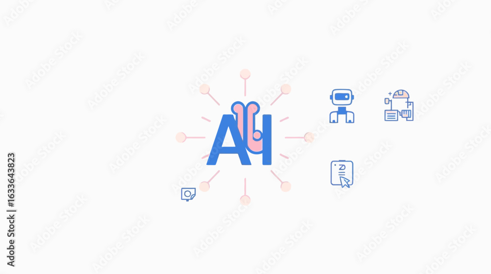 Poster illustration of a brain surrounded by technology icons, representing artificial intelligence and dat