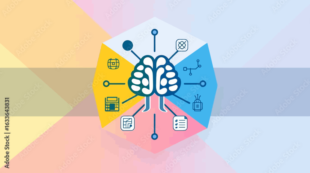 Poster illustration of a brain surrounded by technology icons, representing artificial intelligence and dat