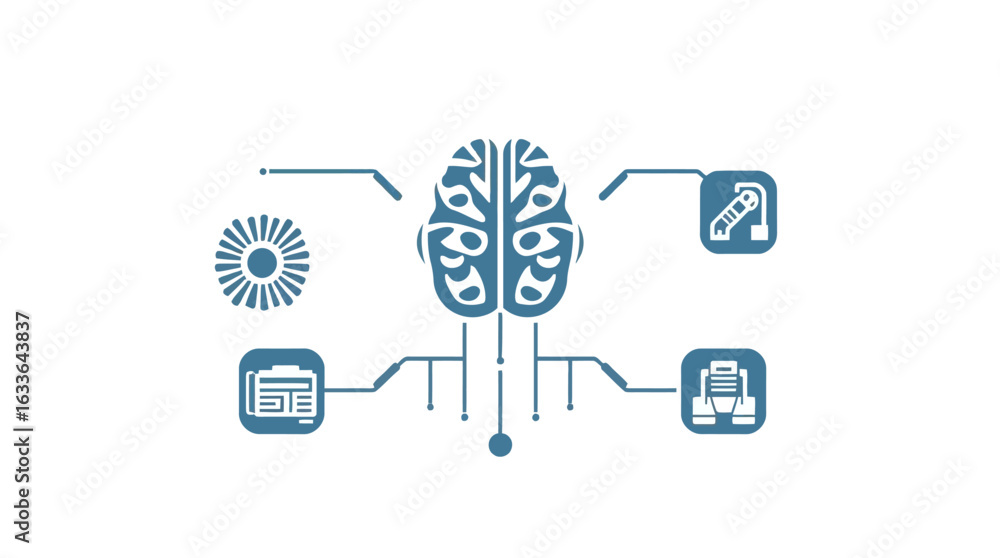 Poster illustration of a brain surrounded by technology icons, representing artificial intelligence and dat