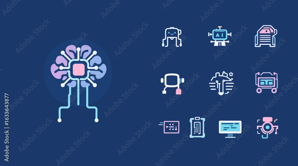 Poster illustration of a brain surrounded by technology icons, representing artificial intelligence and dat