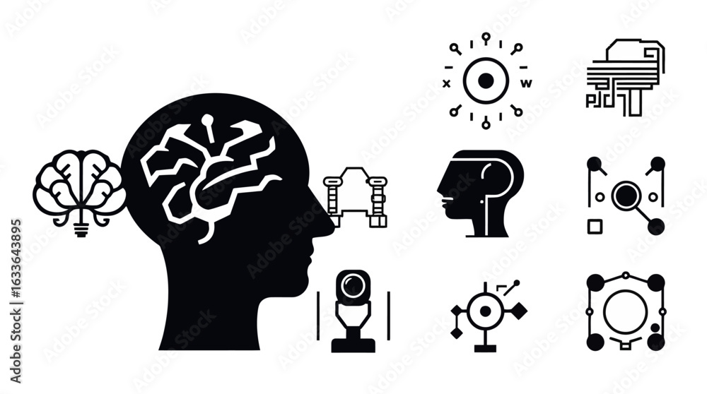 Poster illustration of a brain surrounded by technology icons, representing artificial intelligence and dat