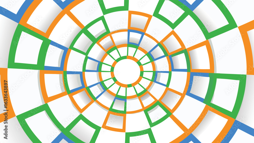 Poster concentric circles with green orange and blue squares creating an abstract tunnel effect on white ba