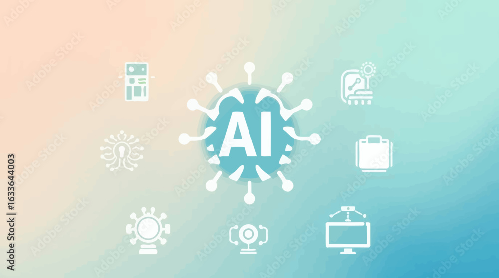 Poster ai text in a circle with radiating lines, surrounded by technology icons on a blurred background.