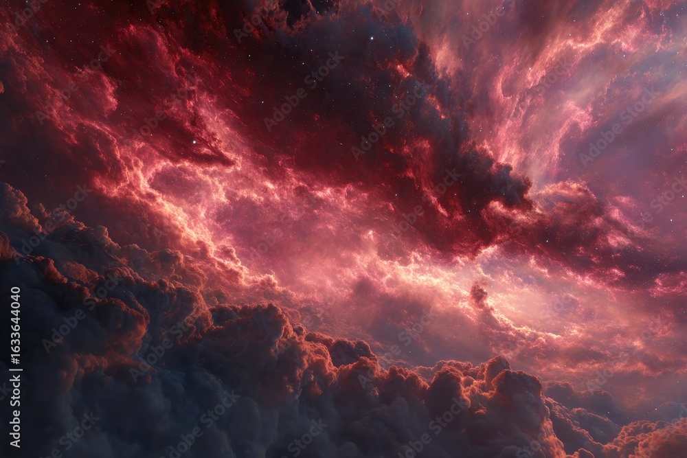 Poster red nebula clouds swirl across deep space creating a stunning cosmic display in the vast expanse of 