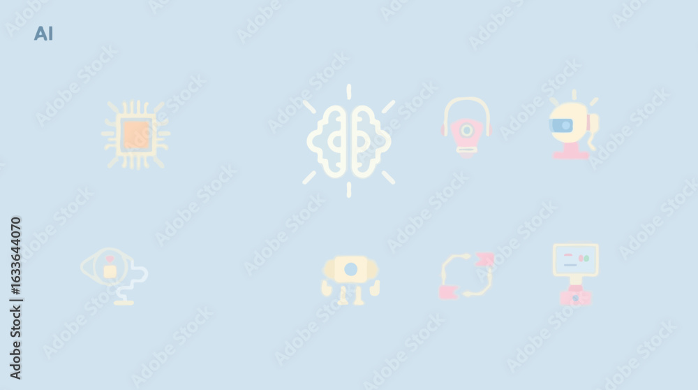 Poster ai technology icons: brain, microchip, robots, and sensors illustrate artificial intelligence concep