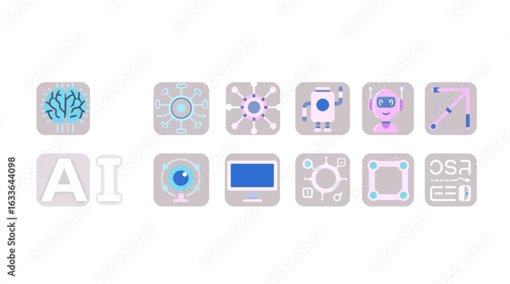 Poster illustrative icons representing artificial intelligence concepts and related technologies.