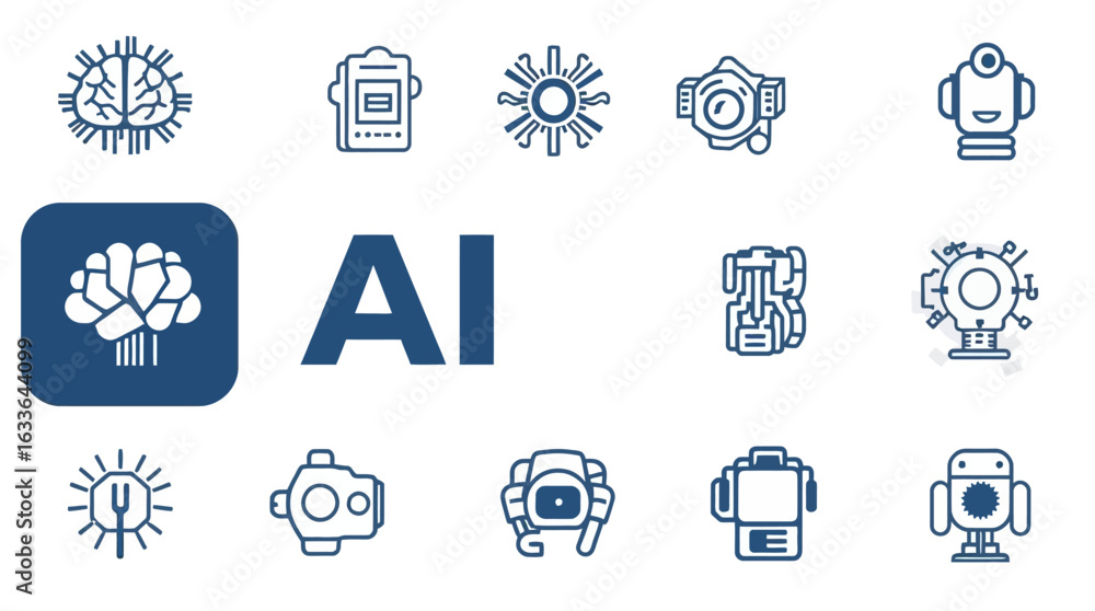Poster collection of stylized icons representing artificial intelligence concepts and robotic designs, with