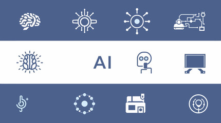 A graphic representation of AI concepts: brain, chip, network, robot, and other related icons on a blue background.