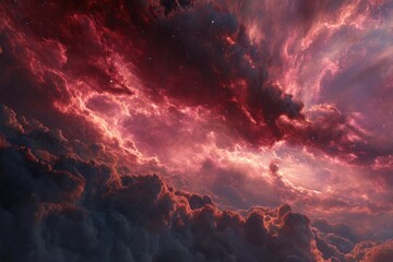 Naklejka premium Red nebula clouds swirl across deep space creating a stunning cosmic display in the vast expanse of the universe