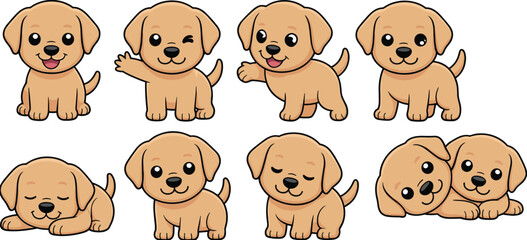 Cute cartoon baby dog set, adorable puppy expressions, vector illustration for kids, emoji poses, animal clipart, playful character bundle