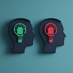 Two silhouetted heads with contrasting lightbulb ideas