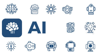 Collection of stylized icons representing artificial intelligence concepts and robotic designs, with the letters "AI".